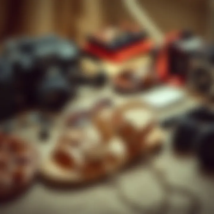 Nostalgic Y2K Style A nostalgic arrangement of Y2K sandals alongside accessories from the late 1990s and early 2000s.