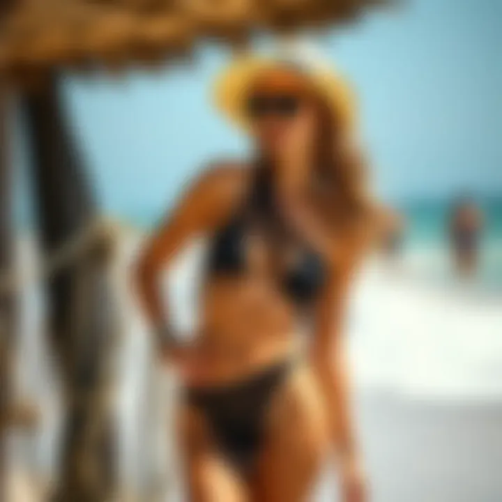 Trendy beach outfit featuring a fishnet coverup and stylish swimwear