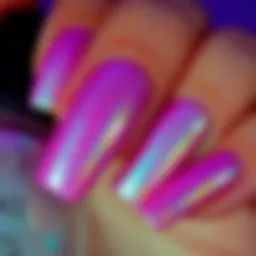Close-up view of glitter holographic nail art showcasing vibrant colors and light reflections