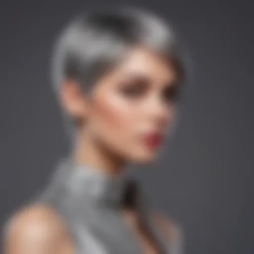 Stylish gray pixie cut wig on a mannequin showcasing elegance.