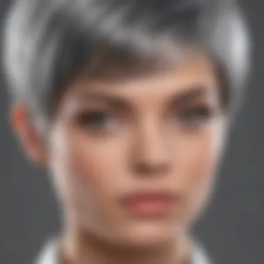 Close-up of the texture and quality of a gray pixie cut wig.