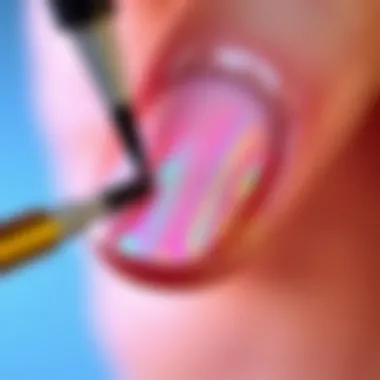 Applying Holographic Nail Foil Close-up view of a holographic nail foil being applied to a nail