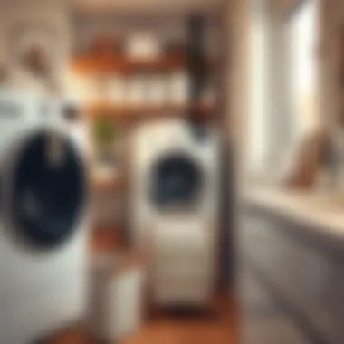 Trendy laundry room with a stylish detergent stand