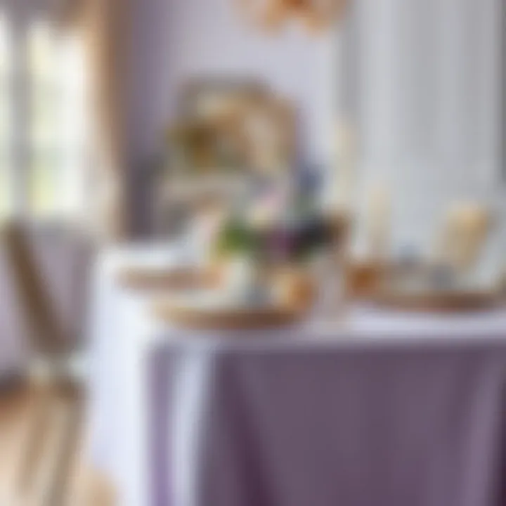 Lavender tablecloth paired with seasonal decor