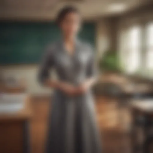 Elegant long teacher dress in a classroom setting