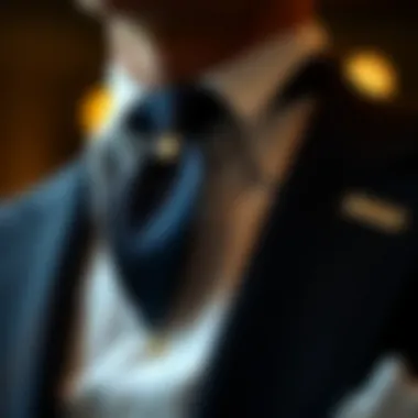 Close-up of a zip-up necktie being worn with a tailored suit, showcasing its elegant design.