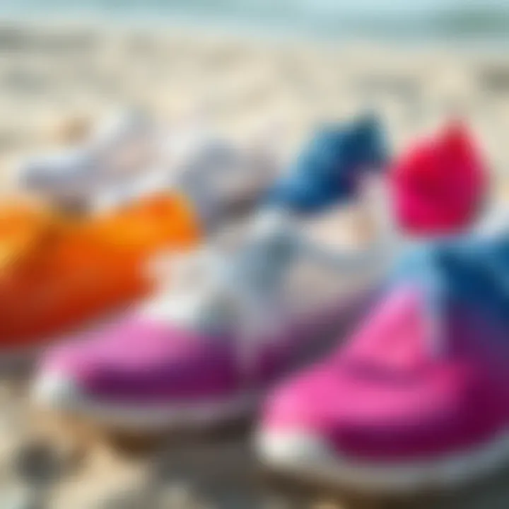 Various colors and styles of mesh beach shoes arranged aesthetically