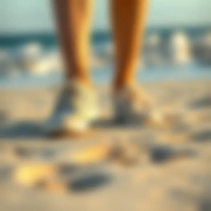 Footprints in sand with mesh beach shoes in the foreground