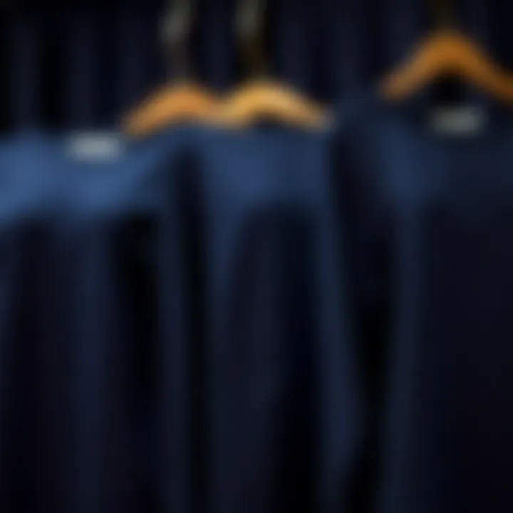 Different fabric textures of navy blue tunics displayed