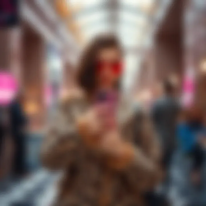 Fashionable individual showcasing pink leopard phone case in a trendy setting