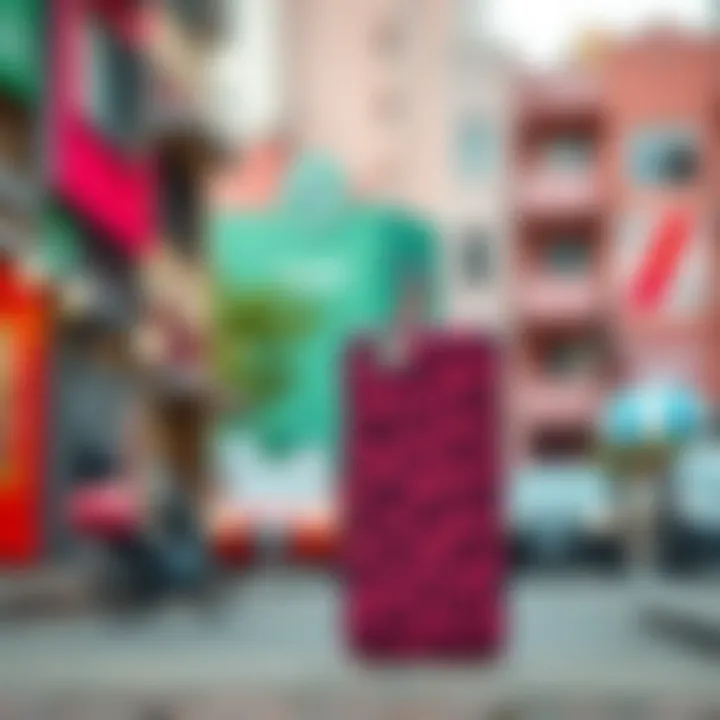 Pink leopard phone case against a vibrant urban backdrop