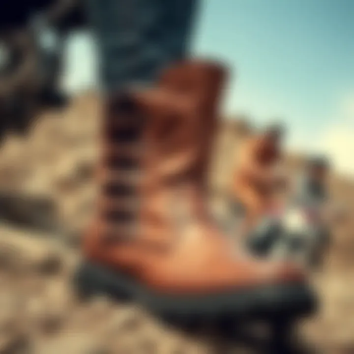 Stylish pull-on motorcycle boots on a rocky terrain