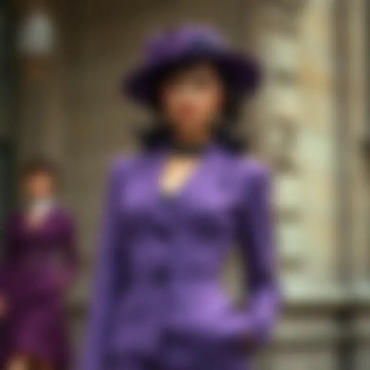 Historical representation of fashion featuring purple skirt suits