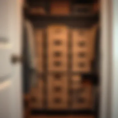 A well-organized closet showcasing shoe boxes neatly arranged