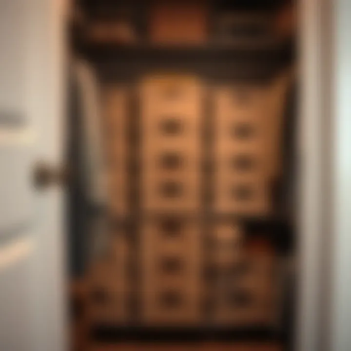 A well-organized closet showcasing shoe boxes neatly arranged