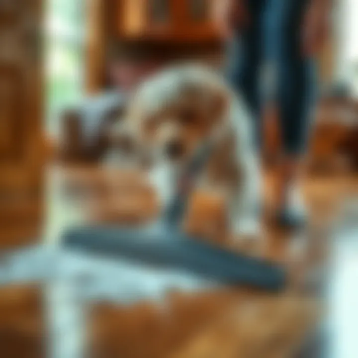 Efficiently Managing Pet Hair on Hardwood Surfaces Demonstration of using a rubber squeegee on hardwood floors to gather pet hair