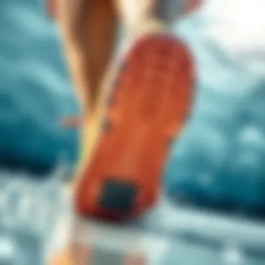 Illustration of grip patterns on swim shoes emphasizing traction on wet surfaces