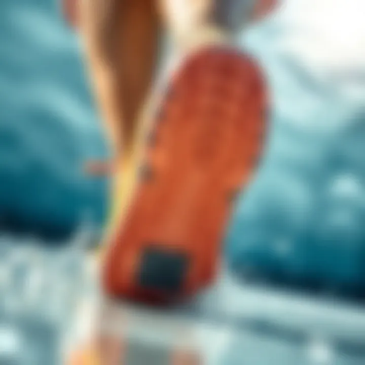 Illustration of grip patterns on swim shoes emphasizing traction on wet surfaces