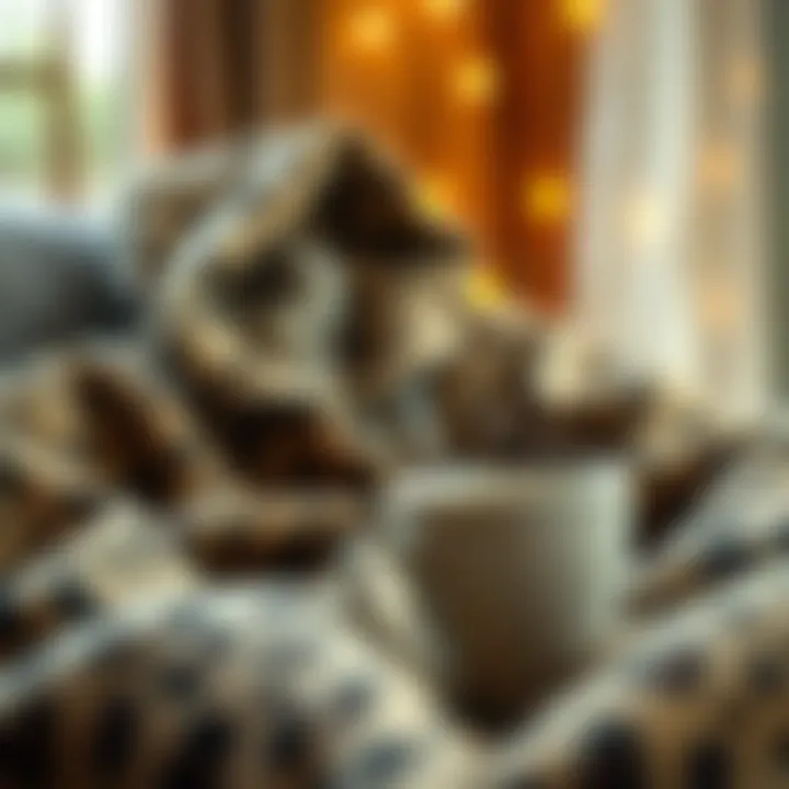 A cozy setting featuring a cheetah print blanket hoodie alongside a steaming cup of tea