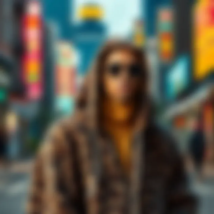 A fashionable individual wearing a cheetah print blanket hoodie in a vibrant urban backdrop
