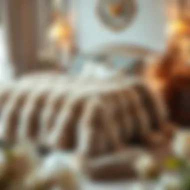 Luxurious Bed Draped with Rabbit Fur Blanket Luxurious king size rabbit fur blanket draped elegantly over a bed