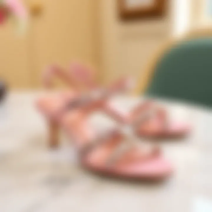 Elegant Pink Rhinestone Sandals Elegant pink rhinestone sandals displayed on a marble surface