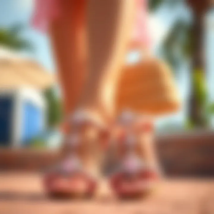 Fashionable Outfit with Pink Rhinestone Sandals Fashionable outfit featuring pink rhinestone sandals in a summer setting