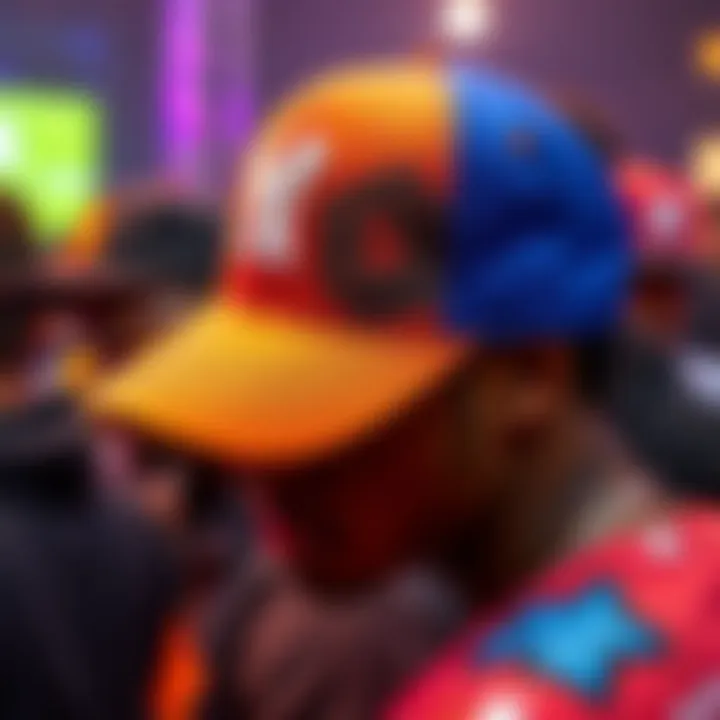 A vibrant baseball cap worn at a hip hop event.