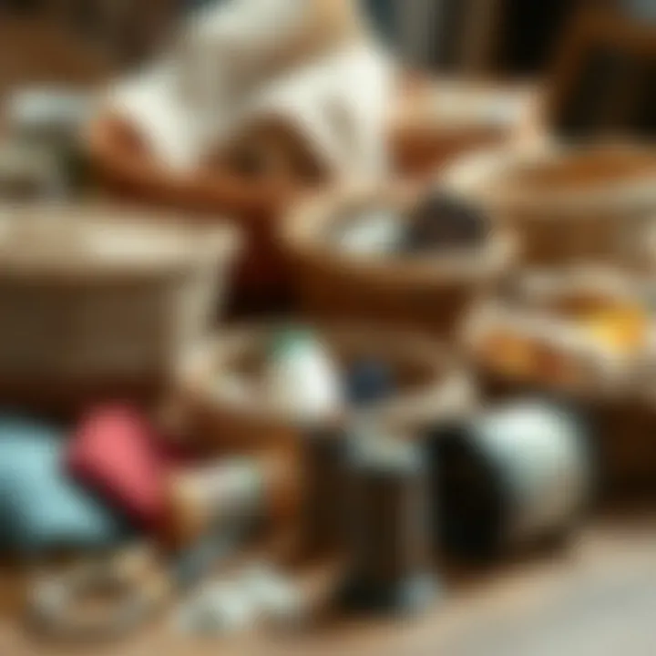 Assorted materials used for crafting sewing baskets.