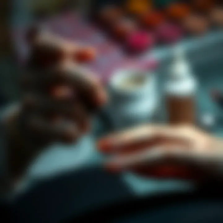 Precision Application of Glitter Acrylics A nail technician applying glitter acrylic with precision