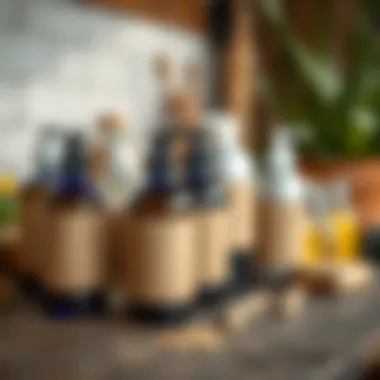 Sustainable materials used in refillable soap bottles displayed on a wooden surface