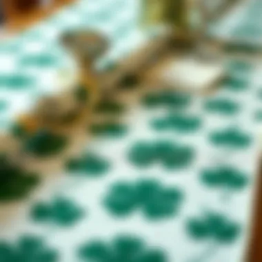 Close-up of shamrock patterns on a fabric table runner