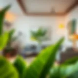 Vibrant artificial banana leaves in a modern living room setting