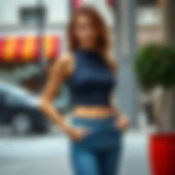 Elegant cropped ribbed knit tank top styled with high-waisted jeans