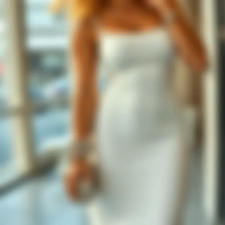 Stylish accessories paired with a white tight dress.