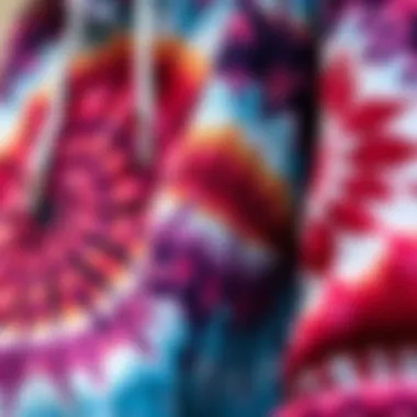 Close-up of tie dye patterns blending with anime motifs