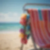 A set of colorful towel clips attached to a beach chair