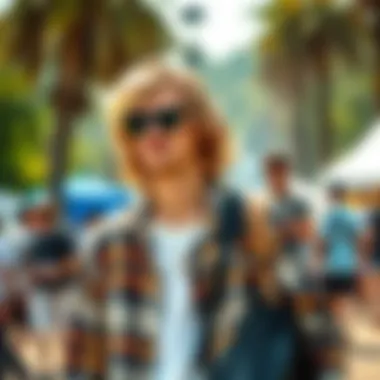 A festival-goer showcasing a trendy man bag in an outdoor setting