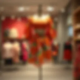 A vibrant two-piece skirt and crop top ensemble displayed on a mannequin.