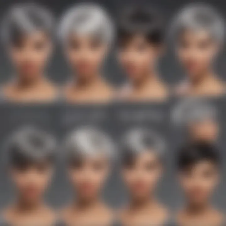 Various styles of gray pixie cut wigs displayed together.