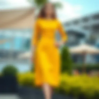 A vibrant solid color dress in an outdoor professional setting